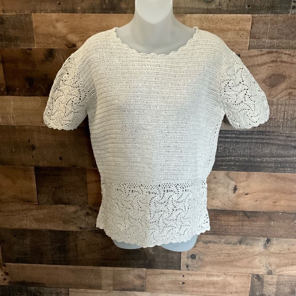 Signature Expressions Top Tan Ivory Crochet Short Sleeve Blouse Size Small - Picture 10 of 10